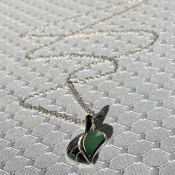Sterling Silver 925 Jadeite Jade Leaf Pendant 19.5" Chain Necklace - Picture 12 of 15